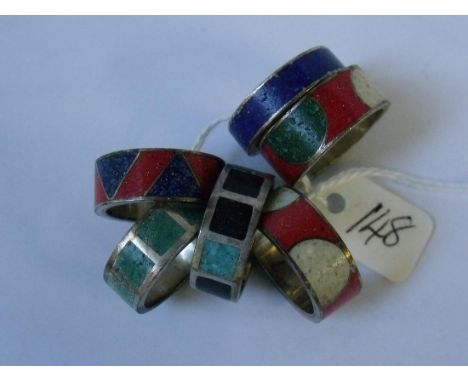 Six silver and enamel band rings 40g    
