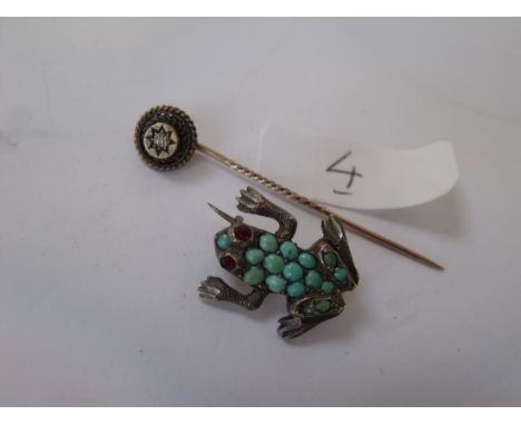 Gold & diamond set antique stick pin also a turquoise   set silver frog        