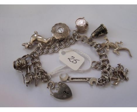 Silver charm bracelet set with 10 charms and padlock   clasp 38g        