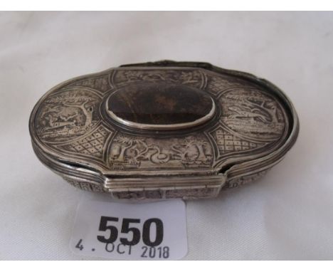 A C.18th snuff box decorated with hunting scenes  3” wide 50g.        