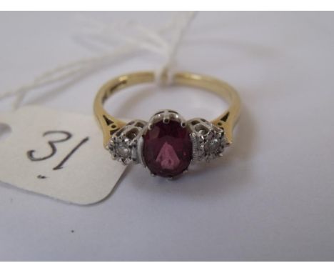 18ct gold Amethyst & diamond 3 stone ring approx   size K         