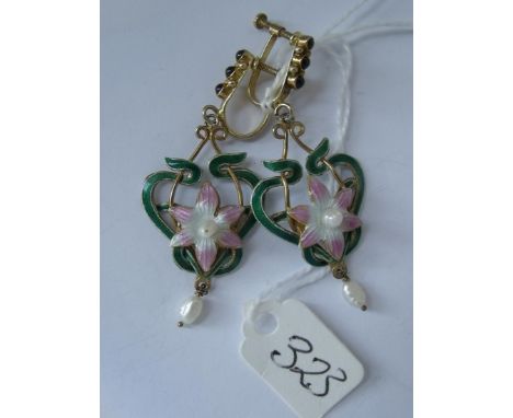 Pair of unusual Art Nouveau design silver gilt and   enamel ear pendants       