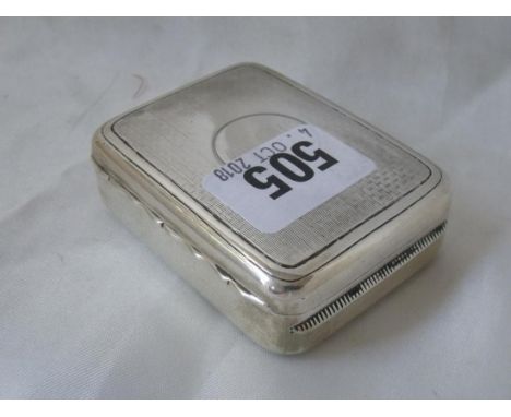 A cushion shaped snuff box, engine turned 2.5” wide  Lon 1899 70g.        
