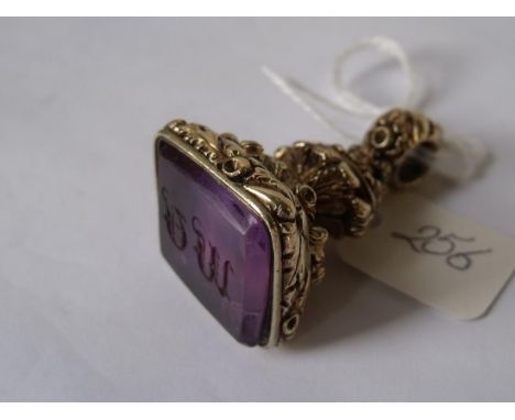 Large ornate gold mounted antique fob seal with  square amethyst to terminal 4cm x 2cm  27g inc   