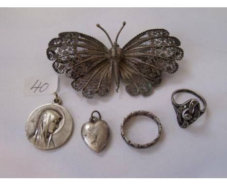A very large silver filigree butterfly and other silver   items 37g        