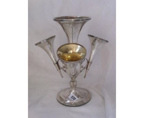 A large epergne, the large central trumpet centering three  smaller over a circular base 10.5” high Birm 1913   