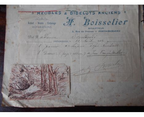 MILLET, J-F.   a small pen & ink sketch of trees &   building c.3"x 2") with original sale document 1912  