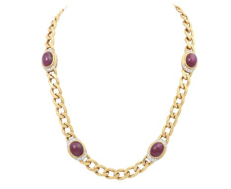 SCHILLING Panzercollier mit Rubincabochons und Brillanten von zus. ca. 1,2 ct, ca. FW (F-G)/VS, GG 18K, 99,8 gr, Länge ca. 44