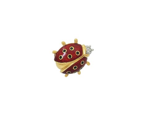 WEMPE Brosche "Marienkäfer", 4 kleine Brillanten, GG/WG 18K, rot u. schwarz emailliert, 7 gr, ca. 2x2 cm, 21. Jh., minimale T