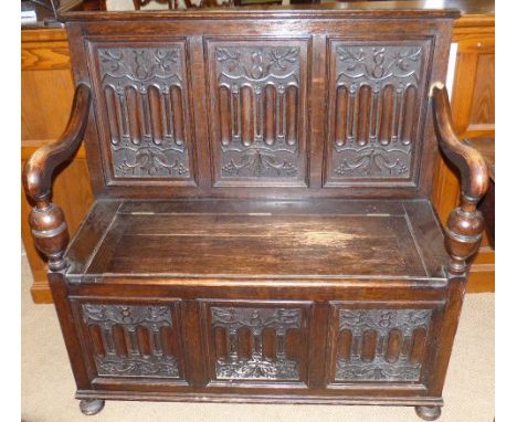 Early 20th century monks bench, 107cm wide. Conditions reports are not available for our Interiors Sale.