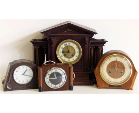Victorian 8-day mantel clock, Ingersoll Bakalite mantel clock and two Smiths mantel clocks. Conditions reports are not availa