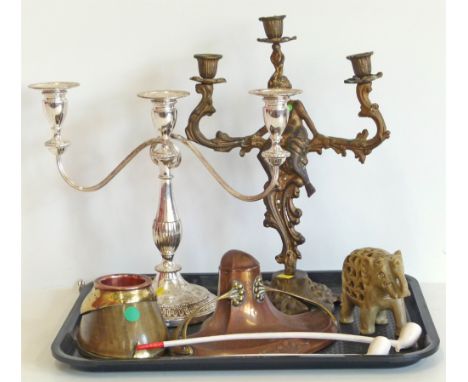 An art nouveau copper and brass ink stand, 1919-1931 memorial horses hoop, two clay pipes, a jade elephant and a candelabra C
