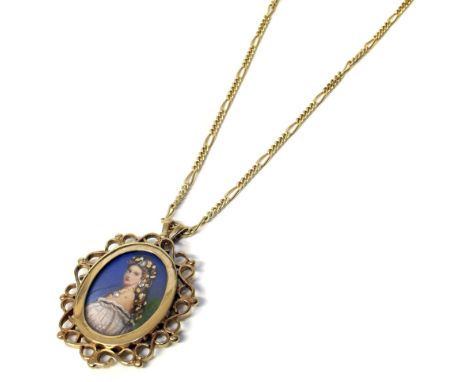 9ct pendant on 9ct gold chain with portrait of a lady. Conditions reports are not available for our Interiors Sale.