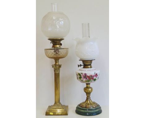 Victorian brass oil lamp with cut glass bowl on Corinthian column and Victorian oil lamp on brass and ceramic base with paint