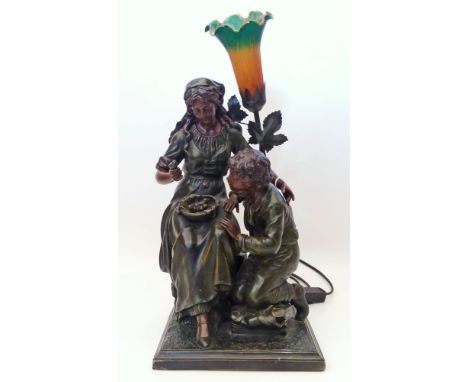 A resin bronzed figural lamp with single tulip shade Conditions reports are not available for our Interiors Sale.