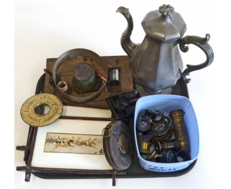 Cat's Whisker, Bakalite more tapper, Rabone tape measure, T.G. & Co. military compass (1940) No. B64129, James Dixon pewter c