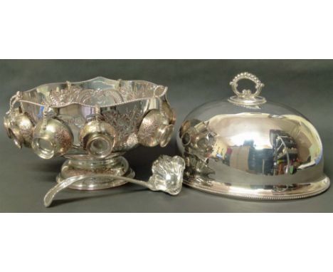 Plated punch bowl, cups and ladle and a plated meat cover. Conditions reports are not available for our Interiors Sale.