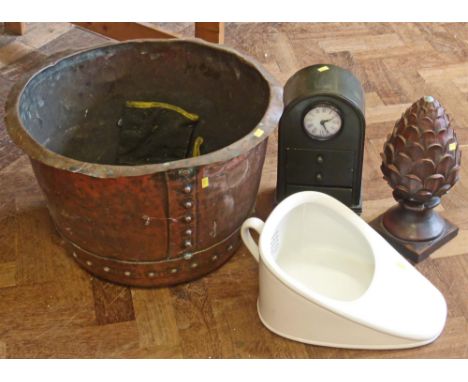 19th century beaten copper and studded coal/log container 50cm diameter, resin pineapple, clock chest and slipper. Conditions