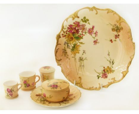 Royal Worcester blush ivory plate, two boxes, two miniature mugs, and a saucer Conditions reports are not available for our I