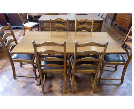 Oak Jaycee refectory style dining table (152 x 76cm) and six ladder-back chairs and dresser base, 146cm wide. Conditions repo