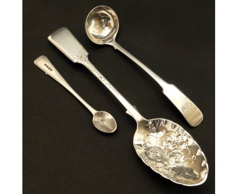 An embossed silver serving spoon London 1893, small Scottish ladle and silver mustard spoon Conditions reports are not availa