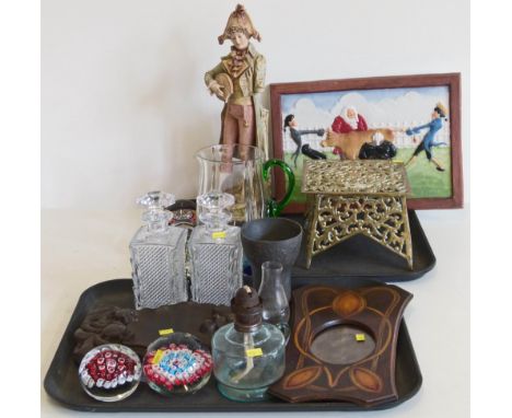 A collection of glass and other items, to include seven paperweights, a pair of decanters, Powell type jug, oil lamp, Royal D