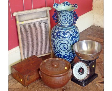 Tall blue/white oriental style vase, lidded stoneware pot, mahogany box, set aga 2kg kitchen scales and washboard. Conditions