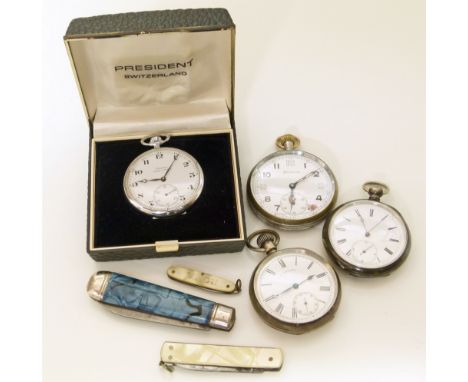 A Helvetia military pocket watch, a sterling silver T. R. Russell pocket watch together with two white metal pocket watches, 