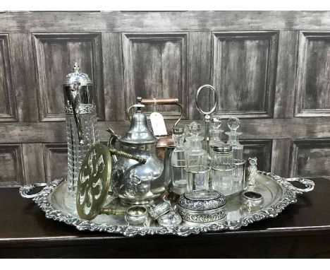 LARGE LOT OF PLATED AND OTHER WAREincluding a crystal and plated cruet set and claret jug, a copper teapot, plated trinket po
