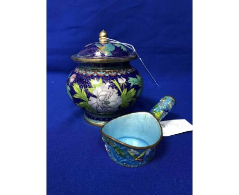 JAPANESE CLOISONNE GINGER JARalong with a cloisonne ladle