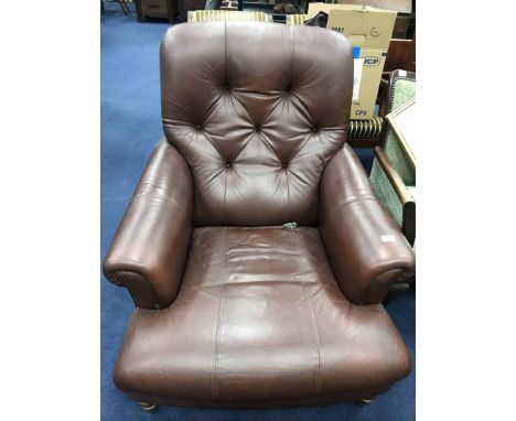 BROWN LEATHER BUTTON BACKED ARMCHAIR