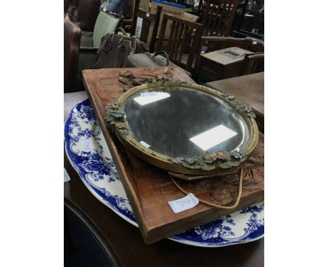 VINTAGE WALL MIRROR WITH FLORAL DECORATIONalong with a wooden relief of the last supper and a large blue and white ceramic pl