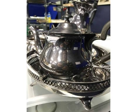 SILVER CUP AND SPOON WITH LOT OF SILVER PLATED WAREincluding Walker and Hall coffee pot, teapot, milk and sugar and a cigaret