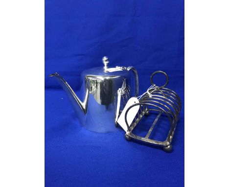 LOT OF SILVER PLATED WARE including a butter dish, a teapot, a toast rack and a silver plate mounted leather hip flask amongs