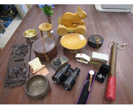 Collectors lot to include vintage opera glasses, truncheon, leather box, treen, Pierre Cardin watch etc