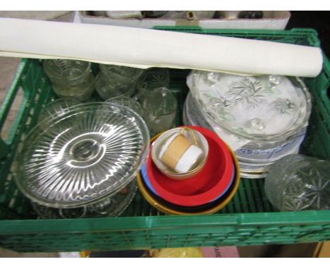 A stillage of sundry items- china, glass, metal ware, garden items, tools, wellies and waders, bags etc etc