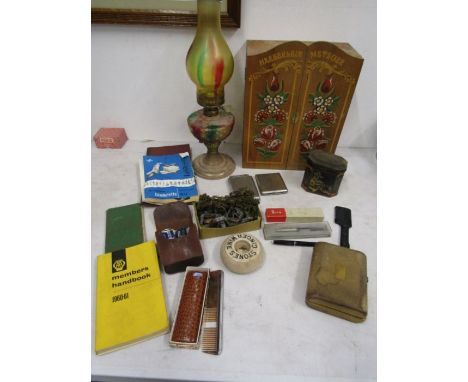 Collectors lot to include oil lamp, AA handbook, fishing weights and net, cigarette cases, Parker pen etc