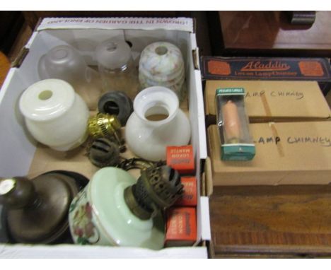 Retro glass shades, oil lamp chimneys and spares plus a broken oil lamp