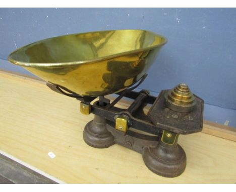 Vintage iron and brass large kitchen scales with weights