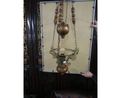 Hanging vintage Dutch brass and hardwood rise and fall ceiling light fitting (missing glass shade) H110cm approx&nbsp;