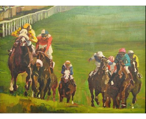 Neil Boyle (Canadian 1931-2006), late 20th century, "Racing the hill", oil on canvas, signed lower right, framed , 79cm x 104