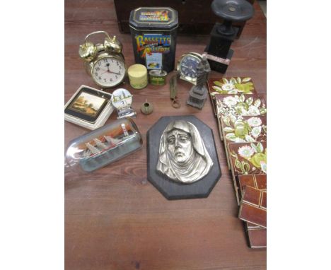 collectors lot to include 3d plaque, vintage tins, vintage tiles, alarm clocks etc