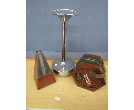 vintage pedestal ashtray, squeeze box and metronome
