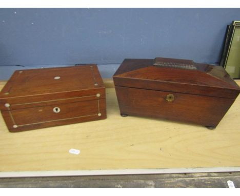 A wooden tea caddy and a wooden sectional box with mother of pearl detail