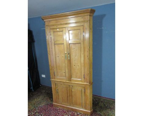 Vintage pine corner cupboard with brass handles and key height 209cmdepth 61cmwidth 109cm