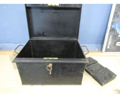 A vintage metal storage box with key and cash box 22x35cm
