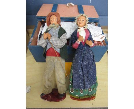 2 jointed dolls and a box of vintage dolls clothes&nbsp;