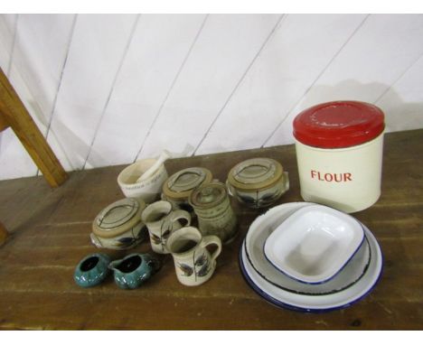 Vintage enamel including bread bin and pottery including Blue Mountain Pottery of Canada&nbsp;
