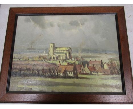 R Hodds oil on board of coastal church view47x37cm