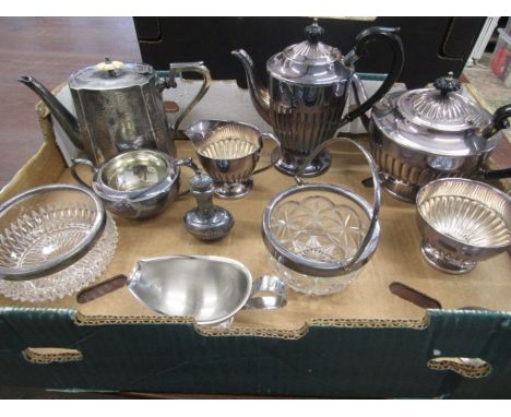 Sheffield plated teapot, coffee pot, sugar bowl and jug along with another teapot and various glass dishes